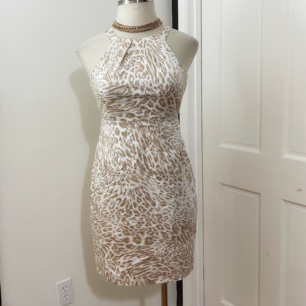 Calvin Klein Cream and Tan Animal Print Halter Mini Dress